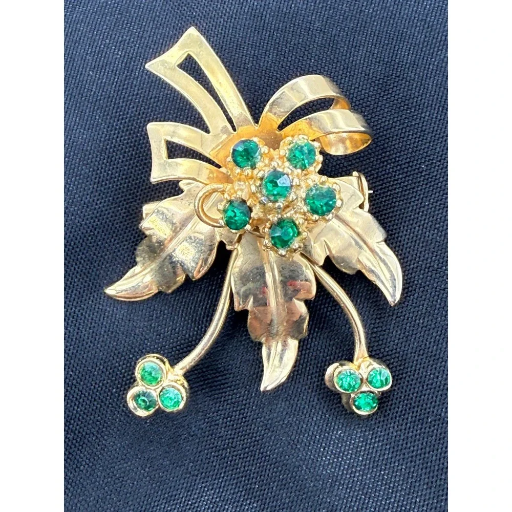 Vintage Feminine Green Rhinestone Floral Bow Brooch Pin Leaf Retro Statement